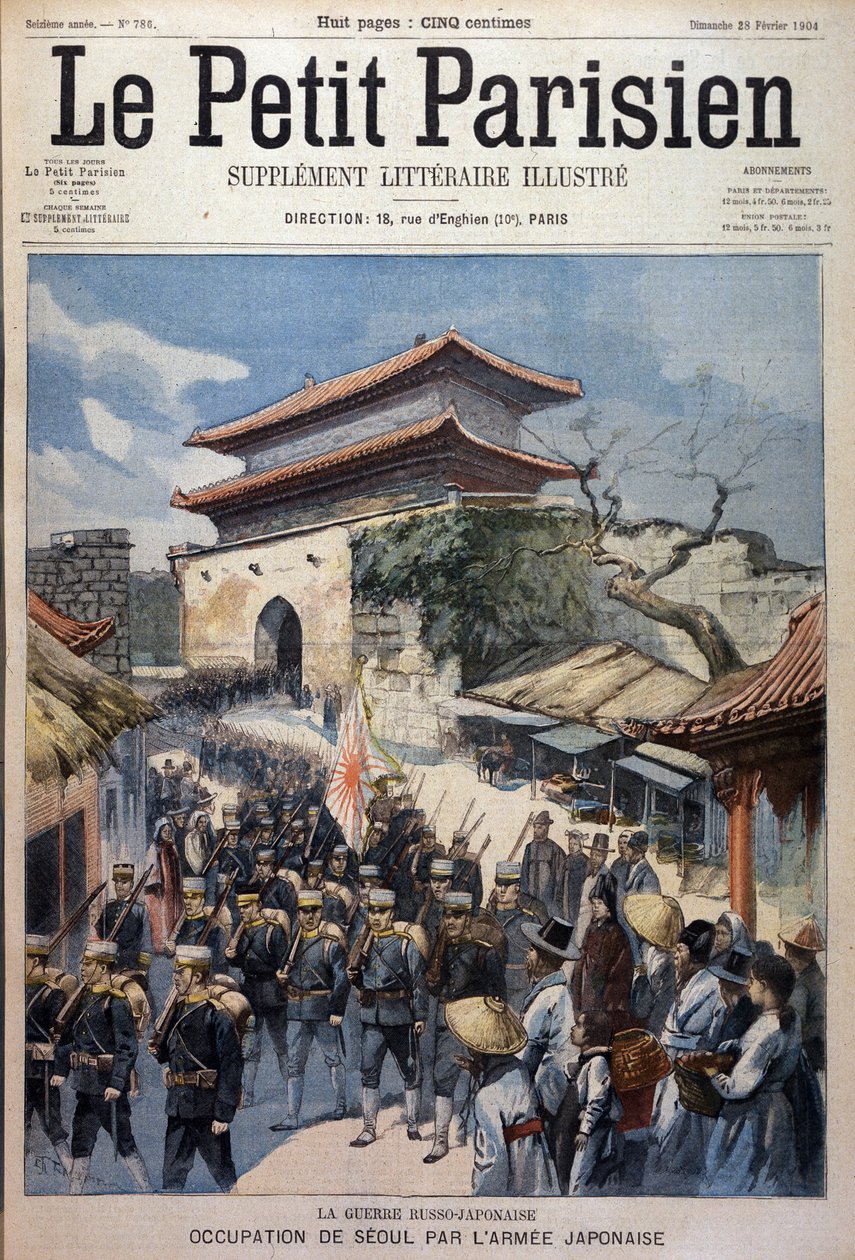 Die japanische Armee besetzt Seoul, Korea - Gravur aus Le Petit Parisien, 28.02.1904 von Victor Mottez