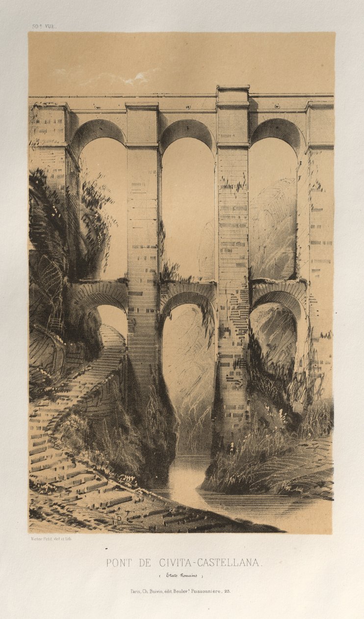 Architektur Pittoresque oder Denkmäler des 15. und 16. Jahrhunderts: Schlösser Frankreichs des 15. und 16. Jahrhunderts: Pl. 50, Brücke von Civita-Castellana (Römische Staaten) von Victor Petit