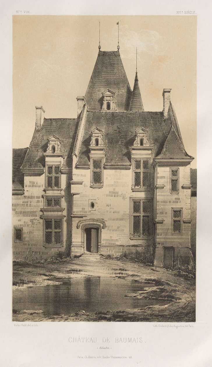 Architektur Pittoresque oder Denkmäler des XV. und XVI. Jahrhunderts: Schlösser Frankreichs des XV. und XVI. Jahrhunderts: Pl. 97, Schloss von Baumais (Calvados) von Victor Petit