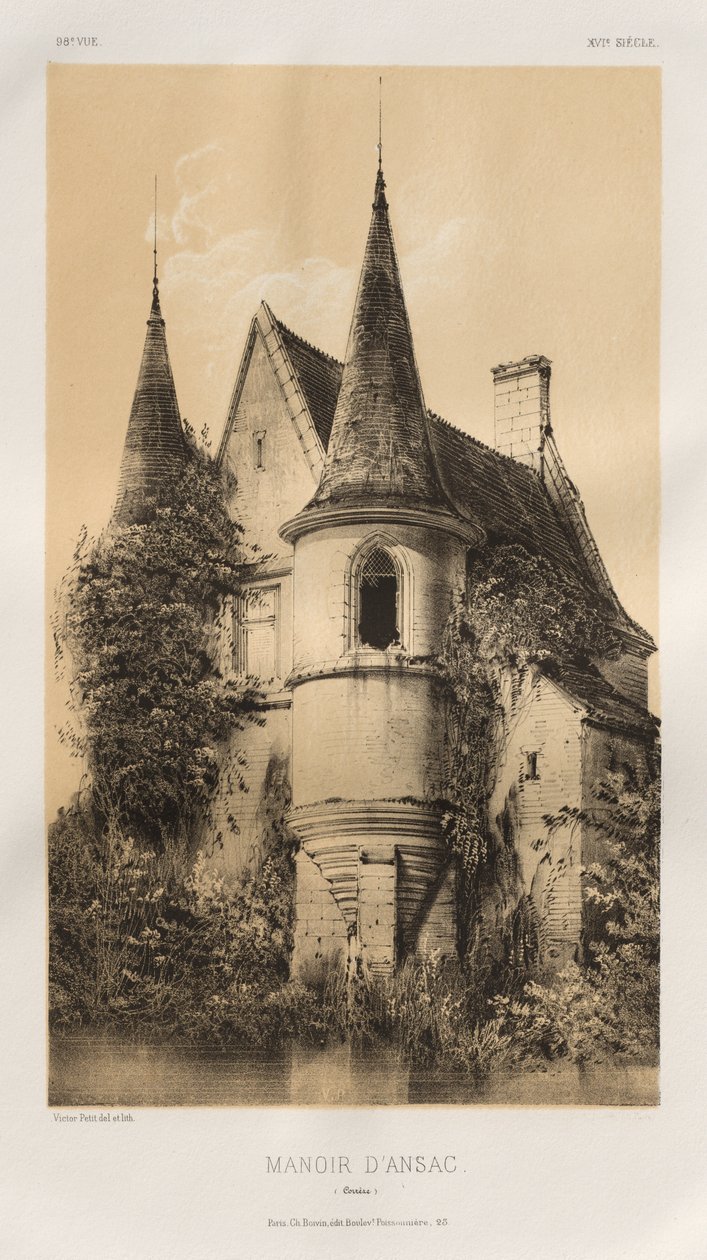 Architektur Pittoresque oder Denkmäler des XV. und XVI. Jahrhunderts: Schlösser Frankreichs des XV. und XVI. Jahrhunderts: Pl. 98, Herrenhaus von Ansac (Corrèze) von Victor Petit