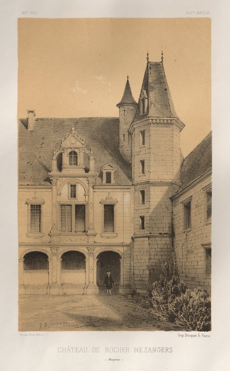 Architektur Pittoresque oder Denkmäler des 15. und 16. Jahrhunderts: Schlösser Frankreichs des 15. und 16. Jahrhunderts: Pl. 36, Schloss von Rocher Mezangers (Mayenne) von Victor Petit