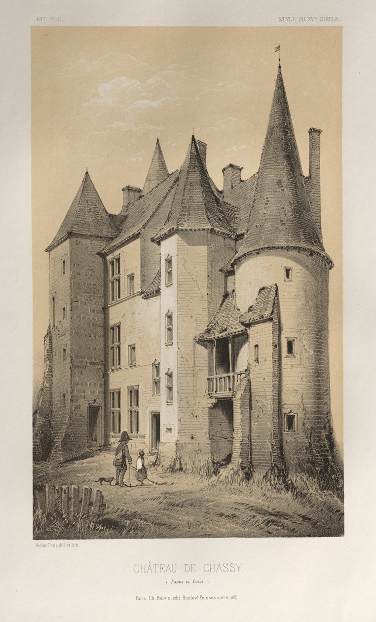 Architektur Pittoresque oder Denkmäler des 15. und 16. Jahrhunderts: Schlösser Frankreichs des 15. und 16. Jahrhunderts: Pl. 45, Schloss von Chassy (Saône-et-Loire) von Victor Petit