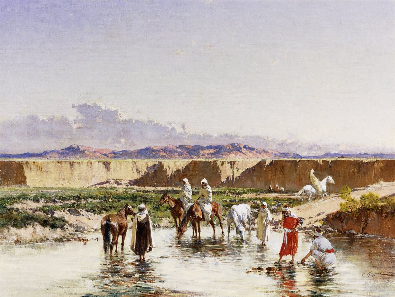 Arabische Reiter beim Tränken in einer Oase von Victor Pierre Huguet