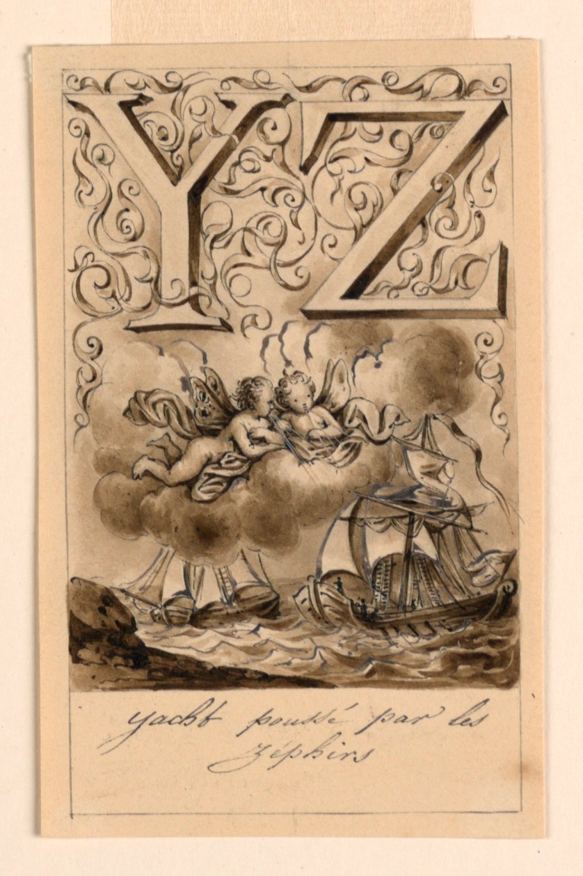 Entwurf für die Buchstaben Y und Z eines Primers: Yacht/ Zephyr (Yachten getrieben von Zephyren) von Victor Vincent Adam