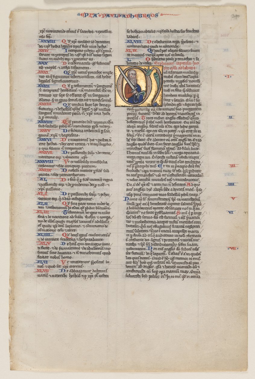 Blatt mit Initiale aus einer lateinischen Bibel: Initiale M: St. Paulus mit Schwert und Buch von Vienna Moralized Bible Workshop