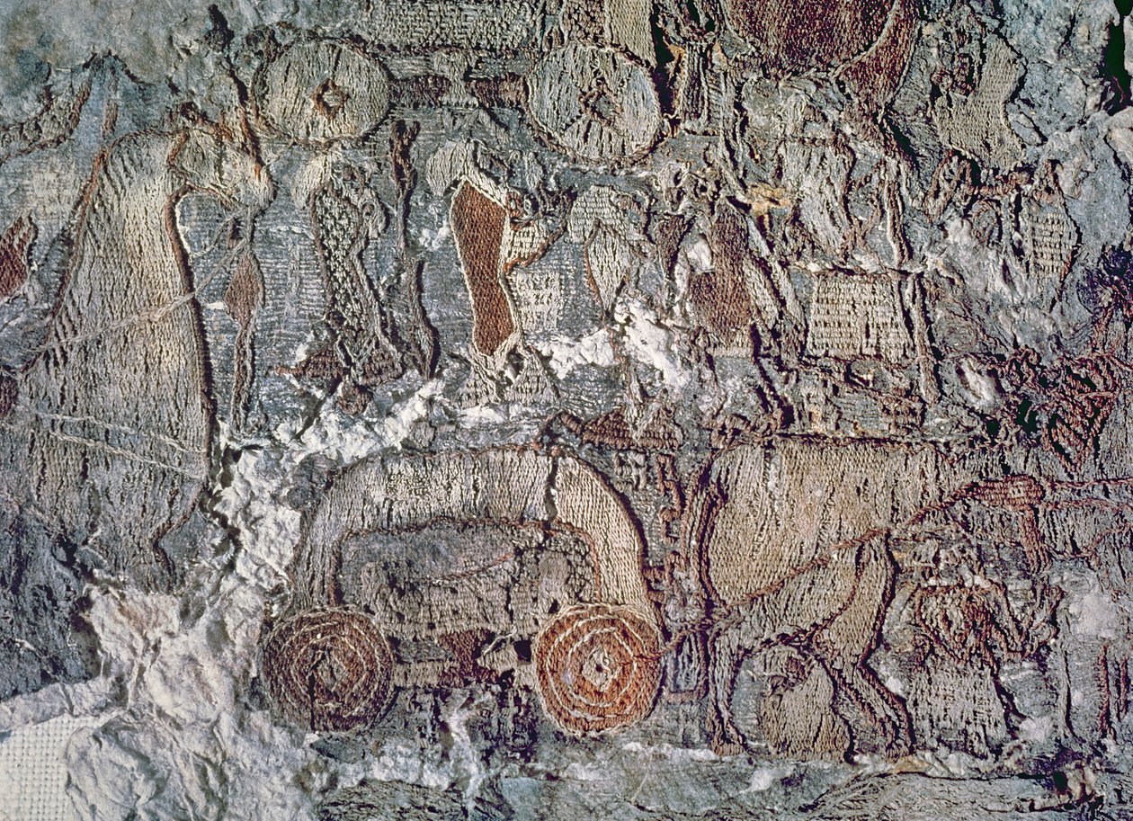 Detail eines Tieres, das einen Wagen zieht, aus einem Wandteppich, der mit dem Oseberg-Schiff gefunden wurde von Viking
