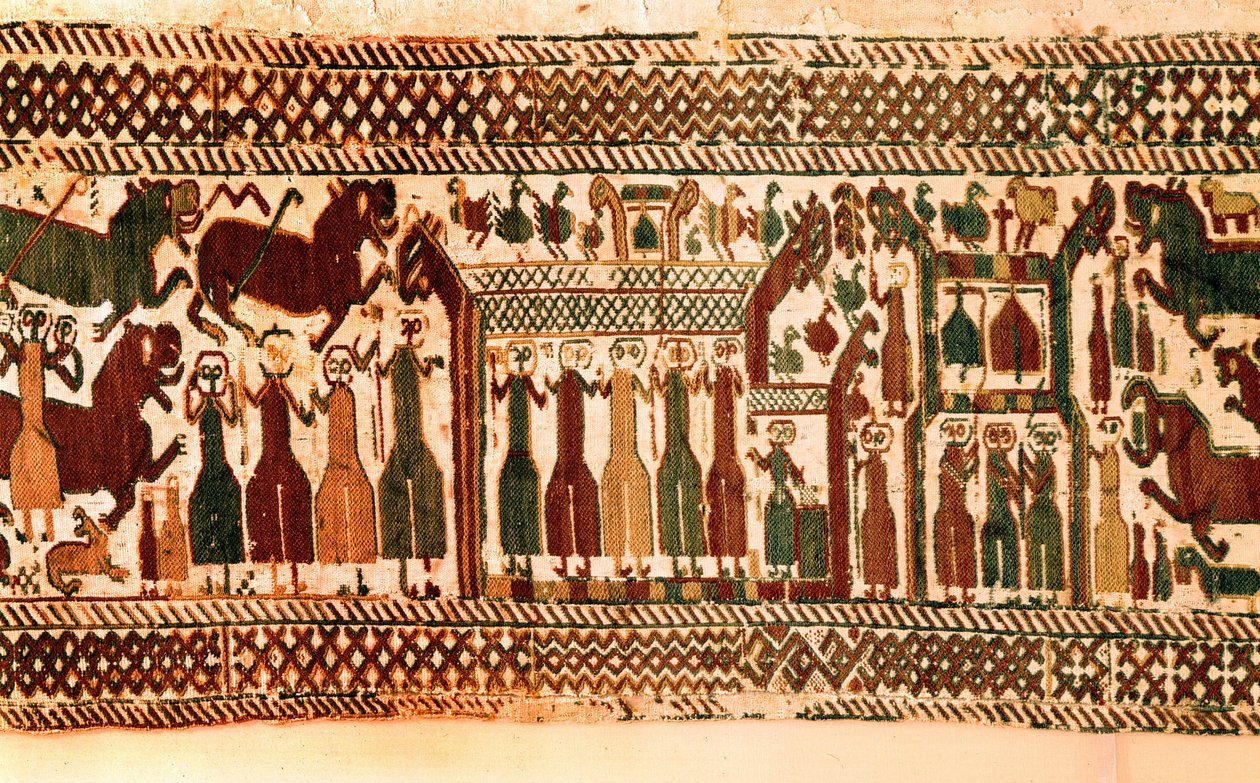 Wikinger: Sänger und Glockenläuter. Wandteppich der Kirche von Skog, Schweden, Ende des 12. Jahrhunderts. Stockholm, Historiska Museet von Viking