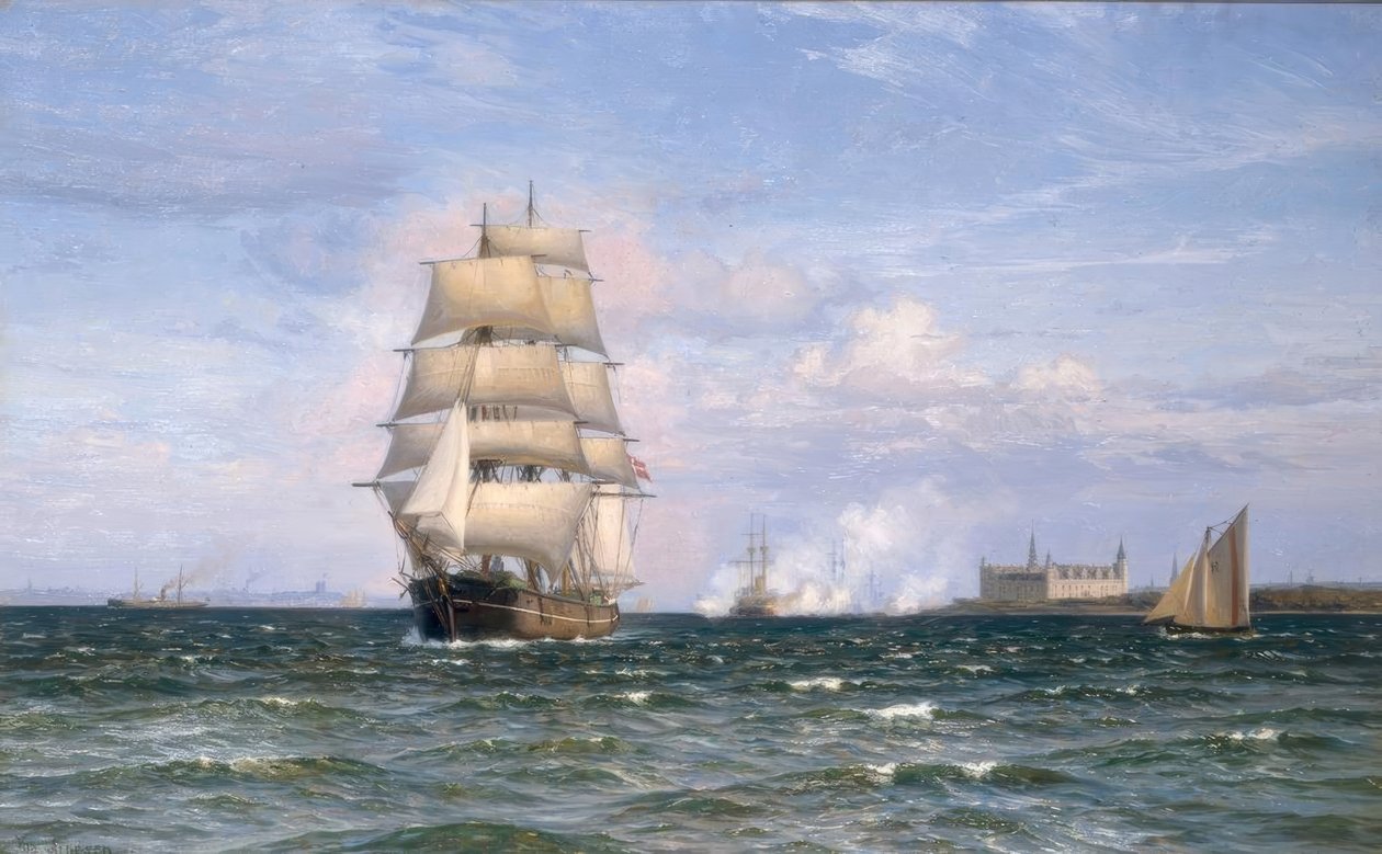 Dänisches Barkschiff vor Schloss Kronborg und Helsingör in der Ferne von Vilhelm Arnesen