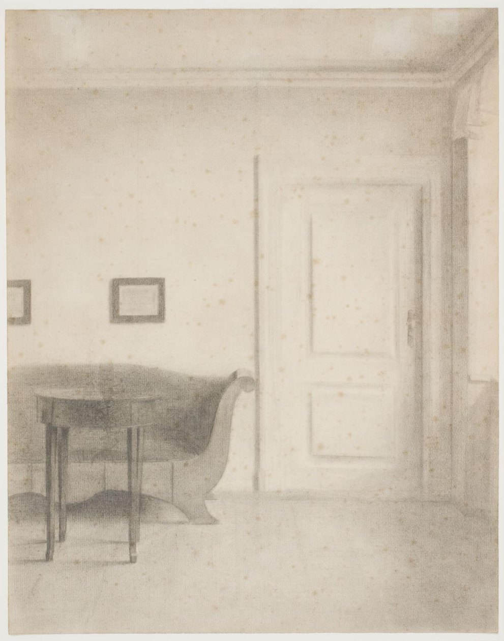 Innenraum mit Sofa und kleinem Tisch, rechts eine Tür von Vilhelm Hammershøi