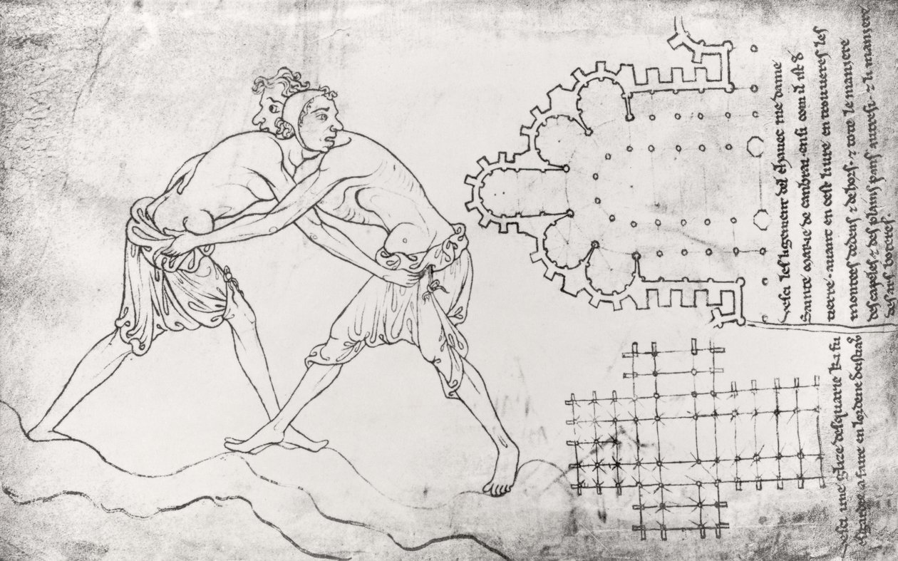 Ms.Fr.19093 fol.14v Zwei Ringer, Plan einer Zisterzienserkirche und Plan des Chors von Notre-Dame de Cambrai (Faksimilekopie) von Villard de Honnecourt
