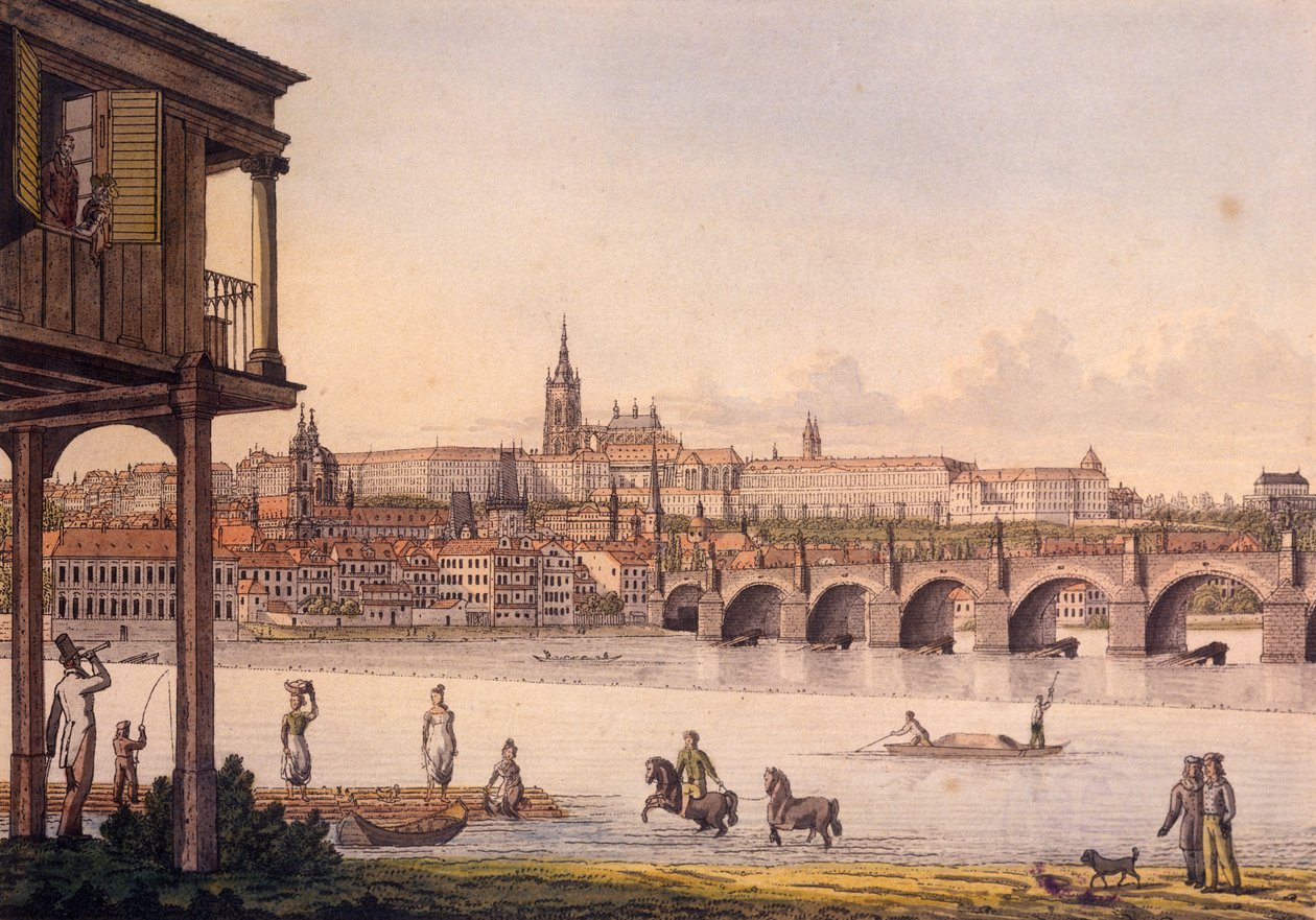 Ansicht der Kleinseite und der Prager Burg Hradschin von Papoueks Bad, 1825 von Vincenc Morstadt