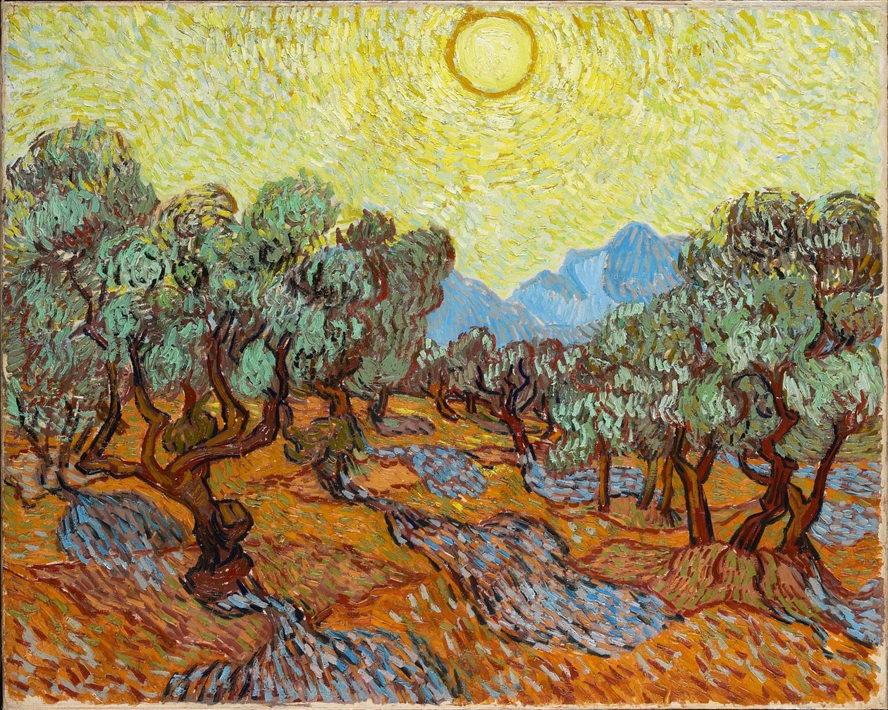 Olivenbäume mit gelbem Himmel und Sonne von Vincent van Gogh