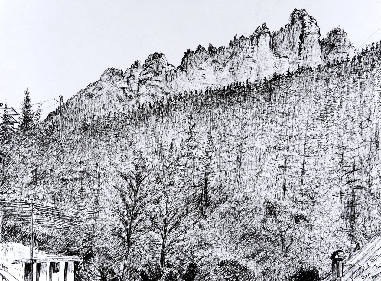 Dolomiten vom Balkon in Dont, Italien, 2019 von Vincent Alexander Booth