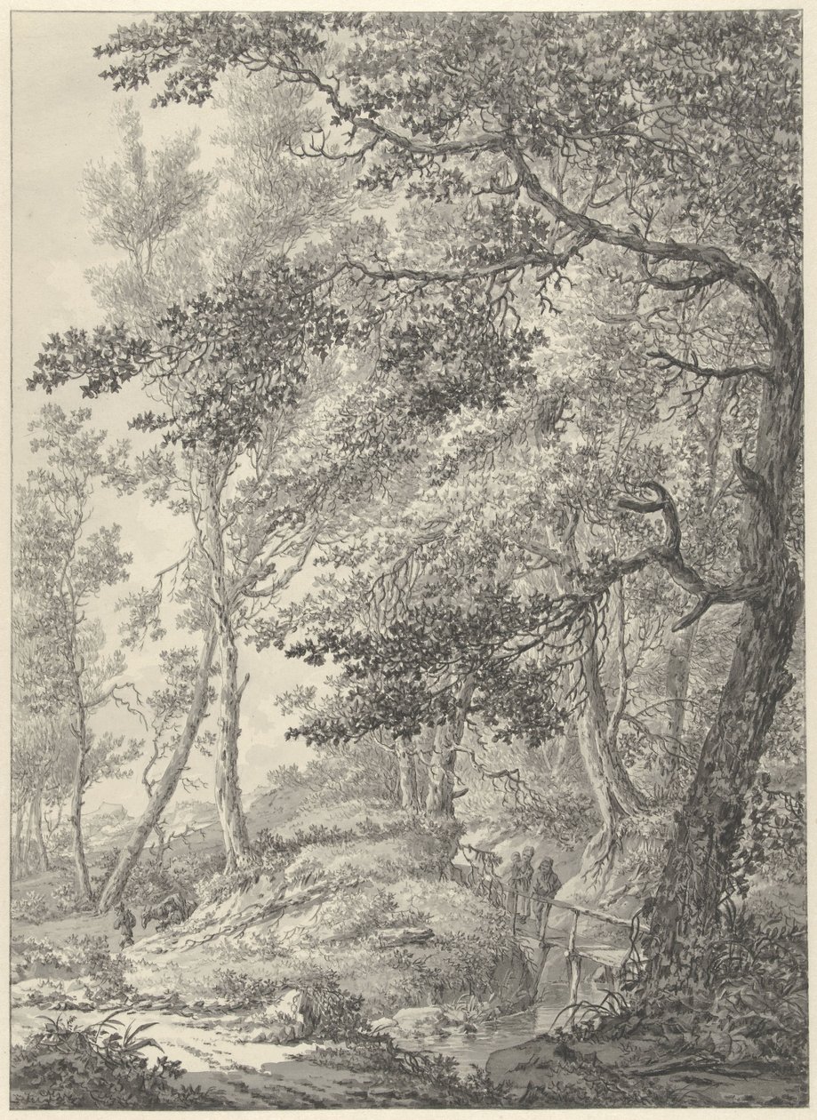 Waldlandschaft mit einer Holzbrücke und zwei Wanderern von Vincent Jansz. van der Vinne