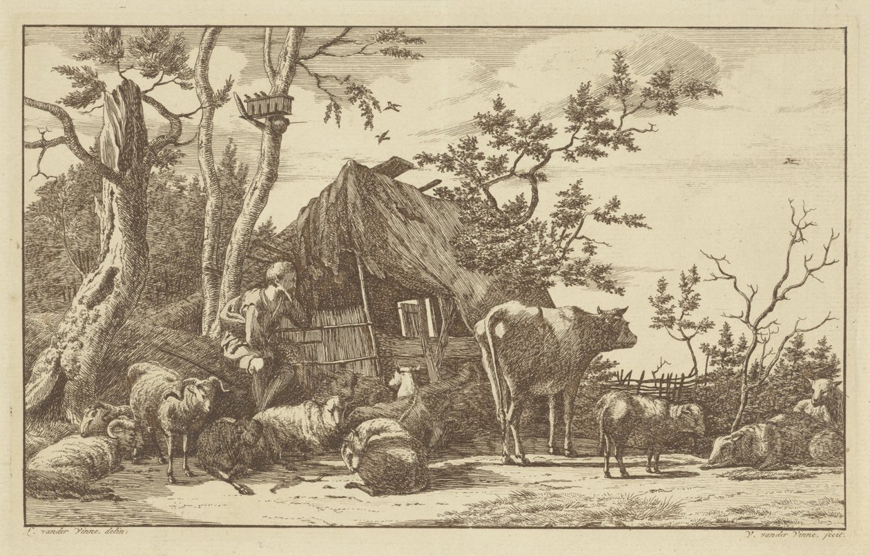 Sitzender Hirte mit Vieh vor einer verfallenen Scheune von Vincent Jansz. van der Vinne