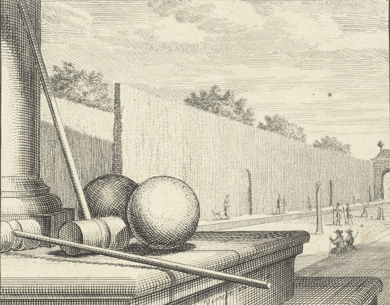 Krocket-Ausrüstung mit Krocketspielern im Hintergrund, 1714 von Vincent Laurensz Vinne van der