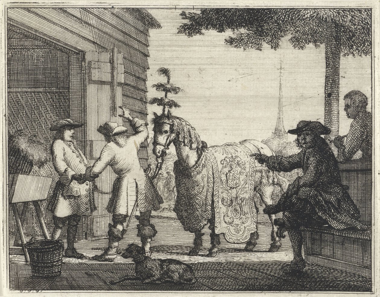 Händler bei einem reich verzierten Pferd von Vincent Laurensz. van der Vinne (II)