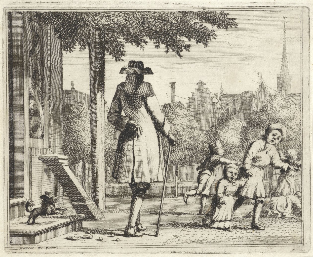 Hund bellt einen Mann auf der Straße an von Vincent Laurensz. van der Vinne (II)