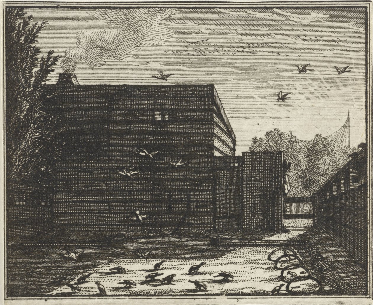 Mann hinter einem Zaun bei einer Vogelfalle von Vincent Laurensz. van der Vinne (II)