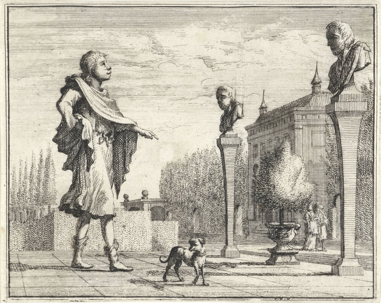 Mann bei zwei Hermen im formellen Garten von Vincent Laurensz. van der Vinne (II)