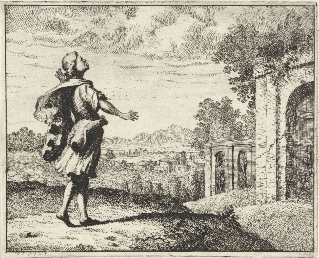 Mann in einer Landschaft, der zum Himmel schaut von Vincent Laurensz. van der Vinne (II)