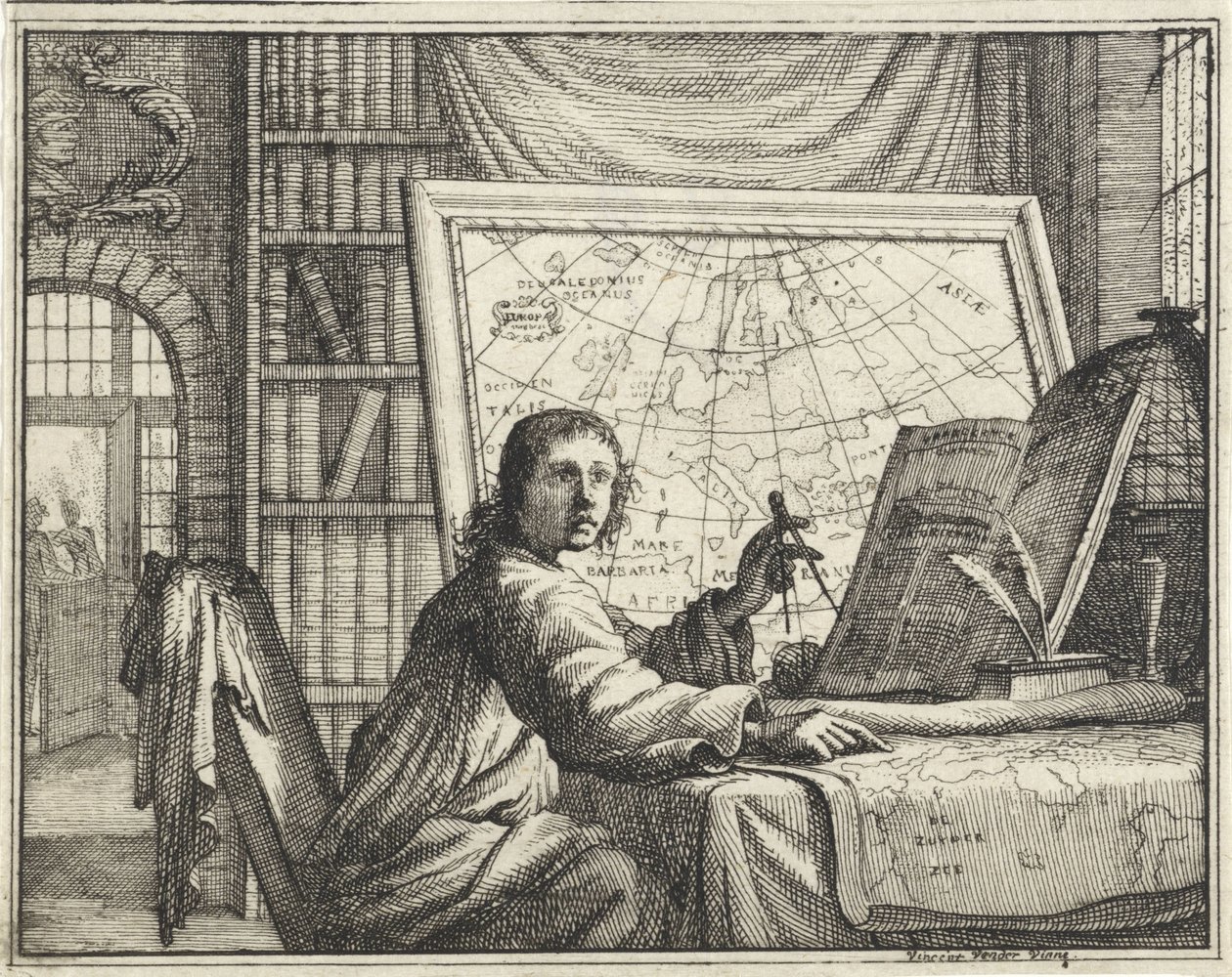 Mann mit Zirkel bei Landkarten von Vincent Laurensz. van der Vinne (II)