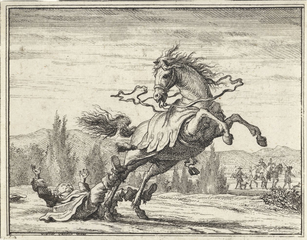 Mann fällt von einem Pferd von Vincent Laurensz. van der Vinne (II)