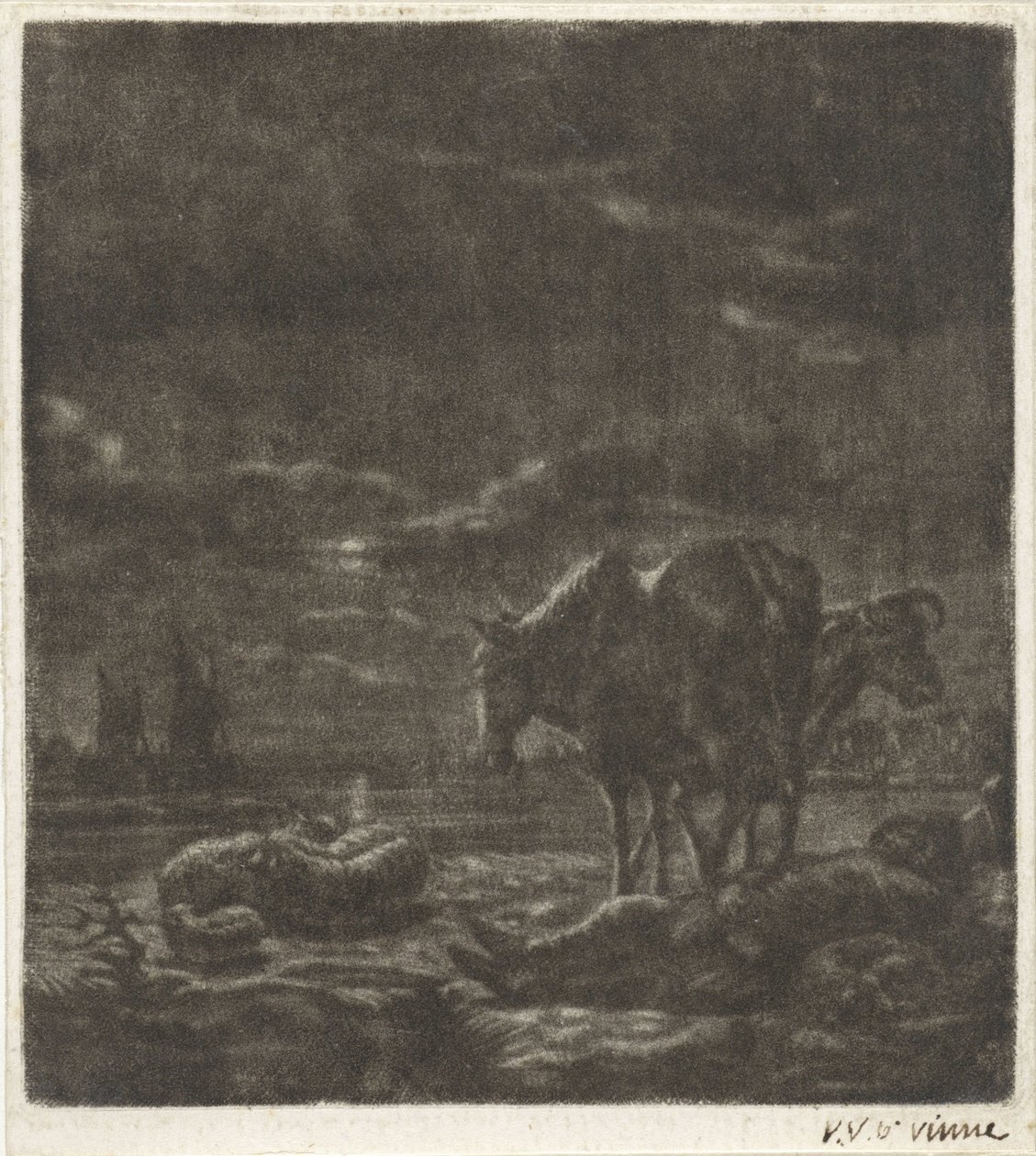 Nachtlandschaft mit schlafendem Hirten und Vieh von Vincent Laurensz. van der Vinne (II)