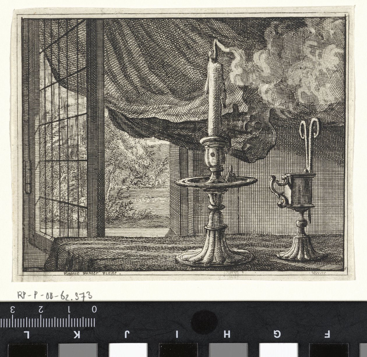 Erloschene Kerze vor einem offenen Fenster von Vincent Laurensz. van der Vinne (II)