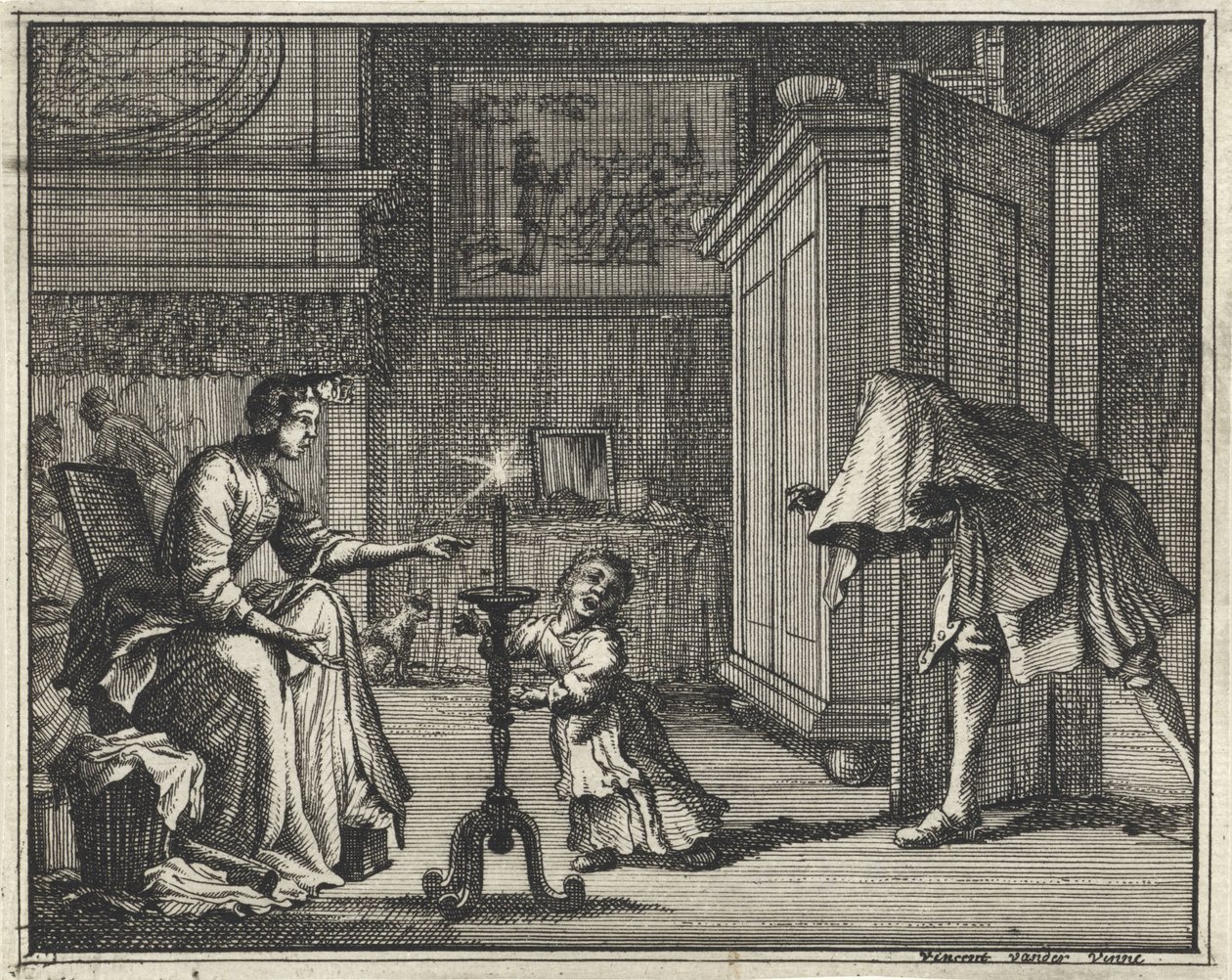 Vater erschreckt ein Kind im Innenraum von Vincent Laurensz. van der Vinne (II)