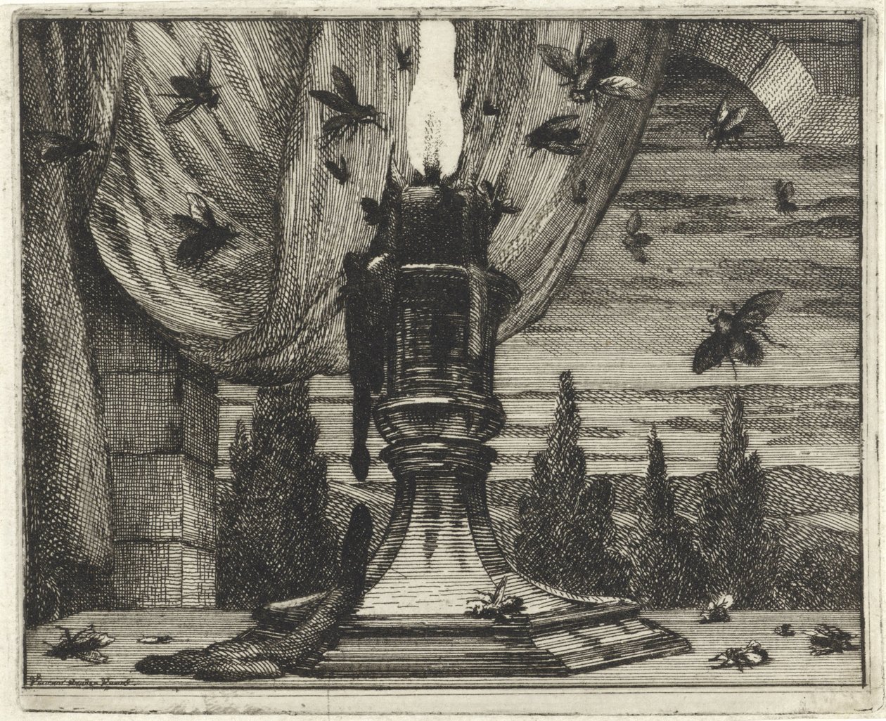 Fliegen werden vom Licht einer Kerze angezogen von Vincent Laurensz. van der Vinne (II)
