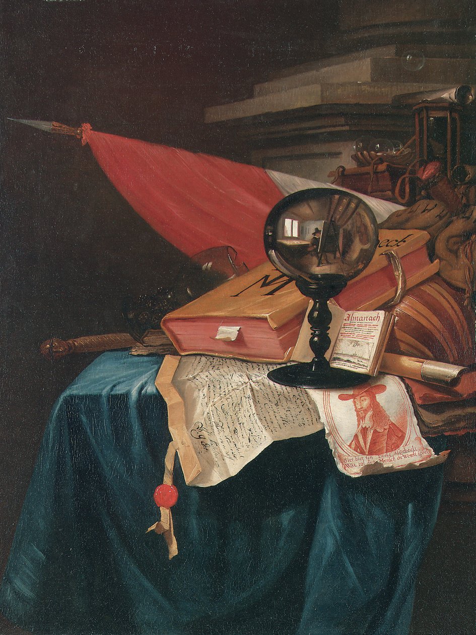 Vanitas-Stillleben mit dem Künstler an seiner Staffelei, reflektiert in einer Kristallkugel von Vincent Laurensz van der Vinne