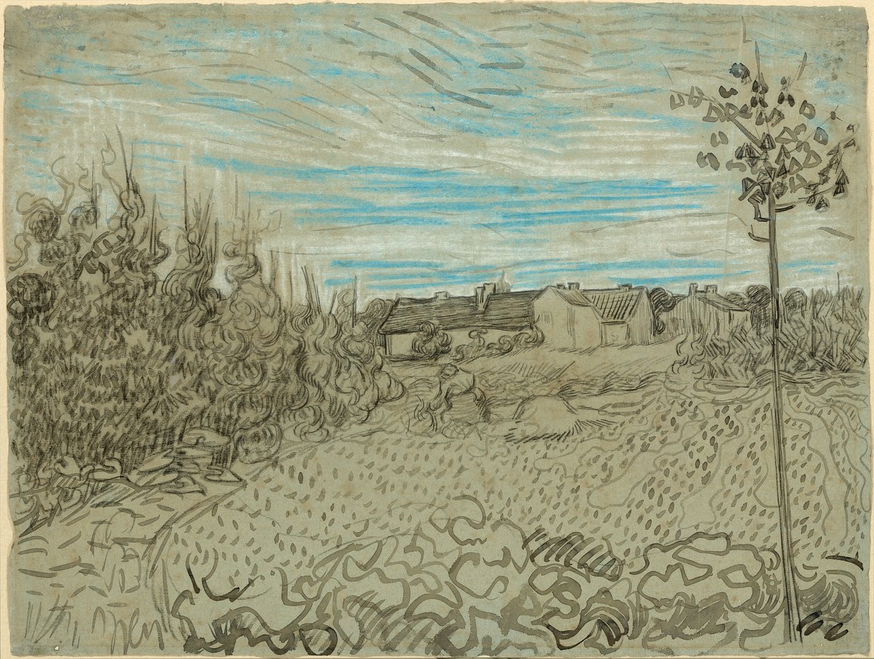 Häuser mit einer Frau, die im Mittelgrund arbeitet von Vincent van Gogh