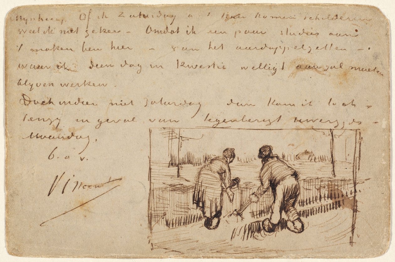 Postkarte mit zwei Bauern beim Graben von Vincent van Gogh