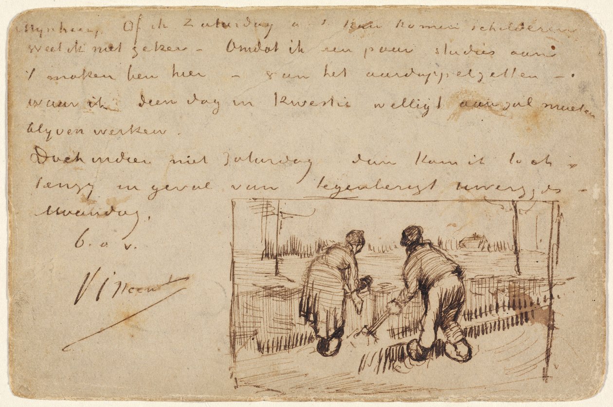 Postkarte mit zwei Bauern beim Graben, 1885 von Vincent van Gogh