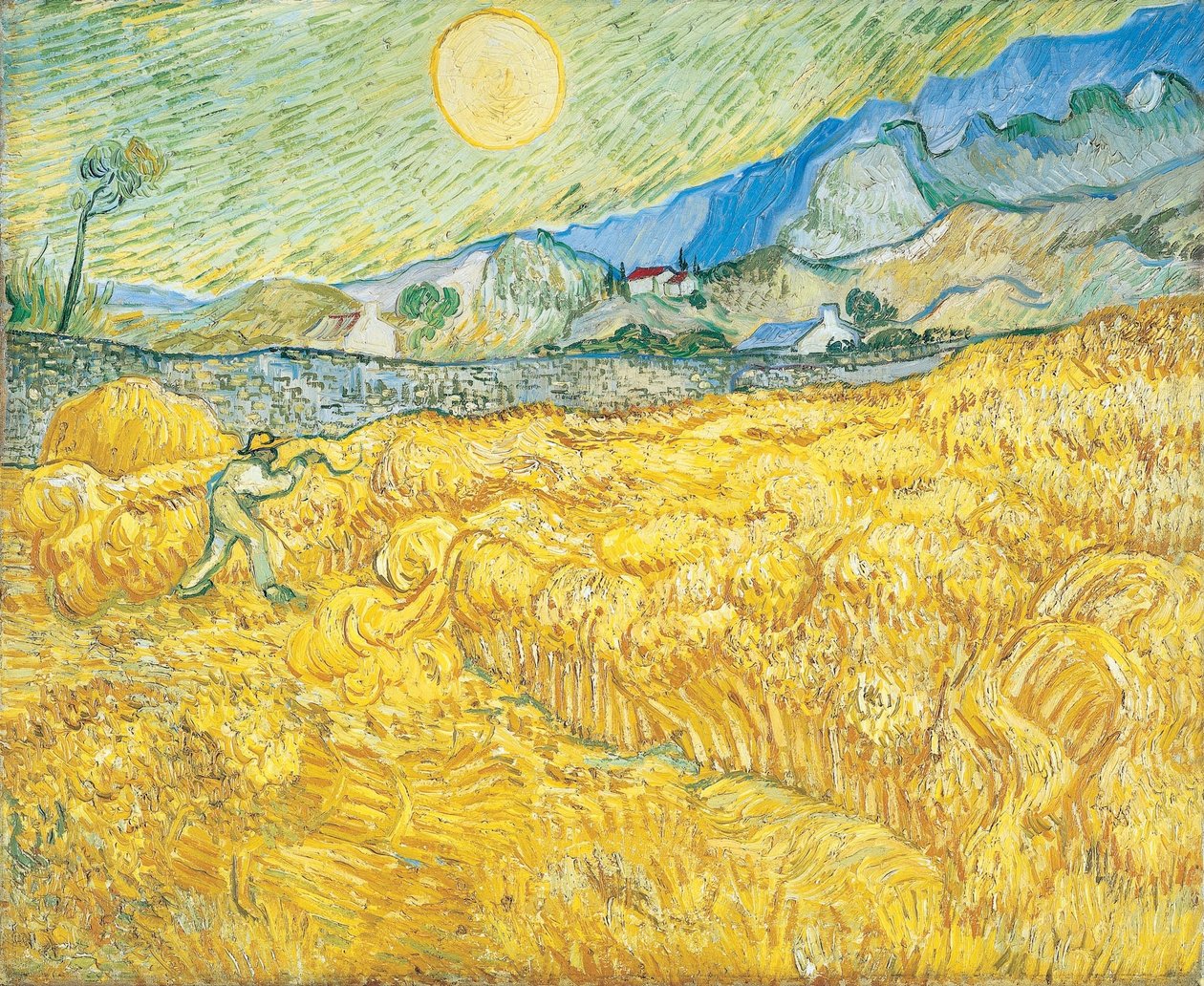 Weizenfeld hinter dem Saint-Paul-Krankenhaus mit einem Schnitter von Vincent van Gogh