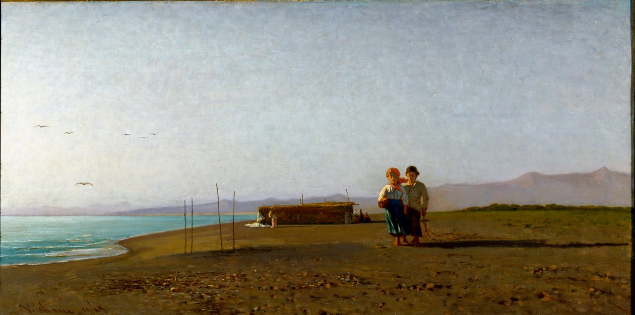 Ansicht des Strandes von Viareggio bei Sonnenaufgang an der toskanischen Küste, zwei Kindersilhouetten von Vincenzo Cabianca