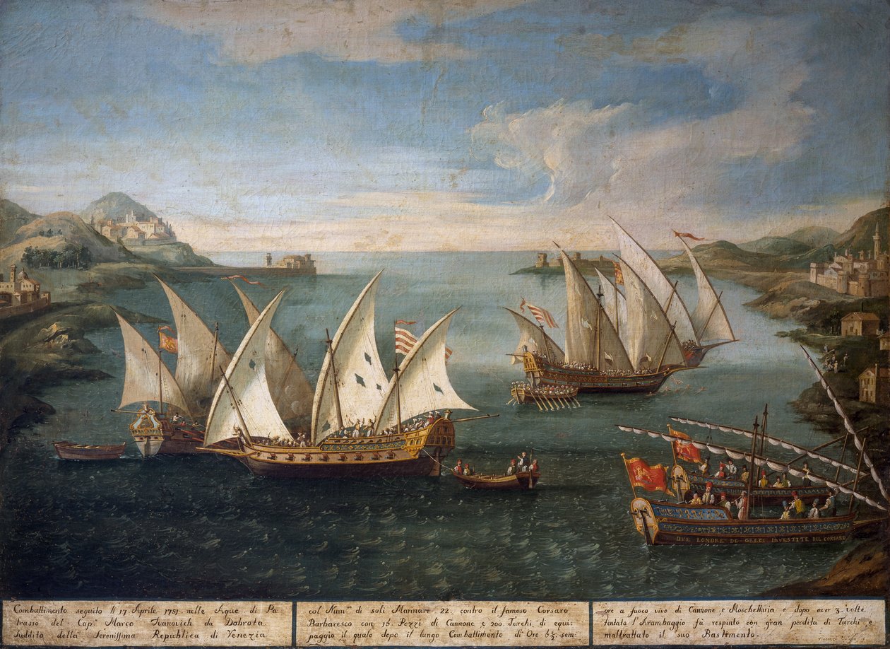 Seeschlacht zwischen venezianischen Schiffen von Marco Ivanovich Dobrota und türkischen Schiffen vor Patras am 17. April von Vincenzo Chilone