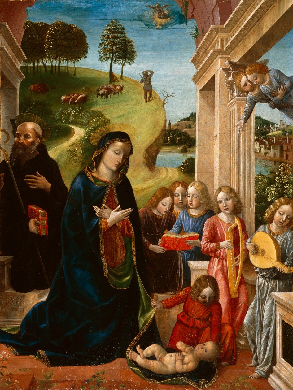 Anbetung des Kindes mit St. Benedikt und Engeln, um 1478 von Vincenzo Foppa