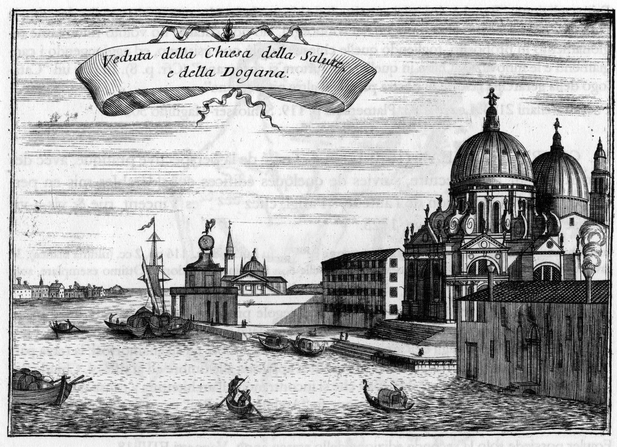 Venedig, Italien. Die Kirche Santa Maria della Salute, entworfen vom Architekten Baldassare Longhena, und die Maritime Zollstation. In „Singolarita di Venezia“ von Vincenzo Coronelli (1650-1718). von Vincenzo Maria Coronelli