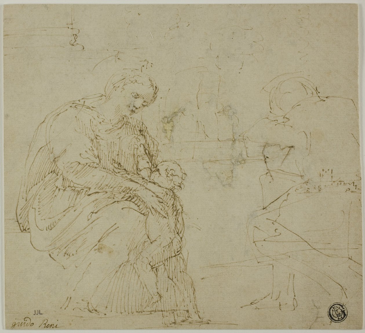 Skizzen von Jungfrau und Kind, sitzende Figur und Landschaft von Vincenzo Tamagni