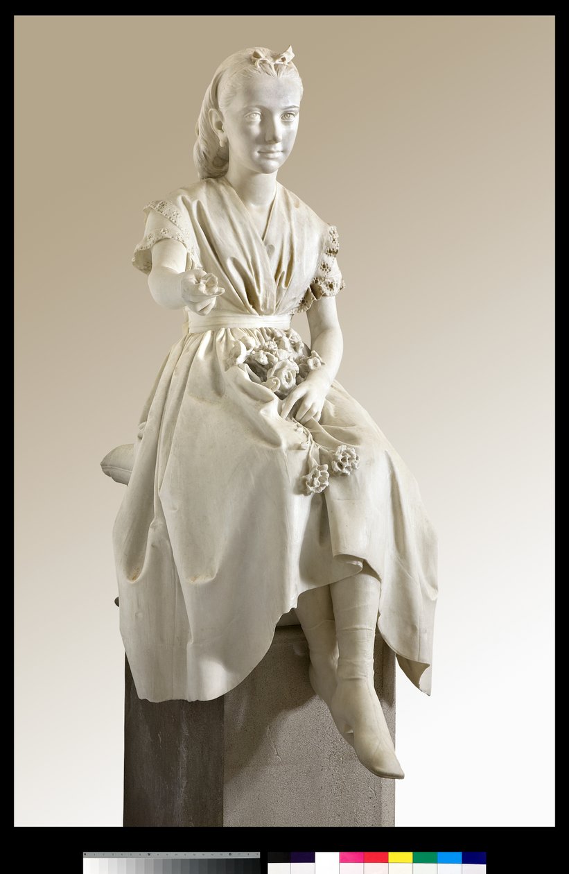 Porträt der Marquise Virginia Busti Porro als junges Mädchen oder junge Dame, die eine Blume anbietet von Vincenzo Vela