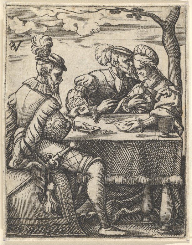 Zwei Männer und eine Frau spielen Karten an einem Tisch, ein Mann drückt seine Nase..., ca. 1535-62 von Virgil Solis