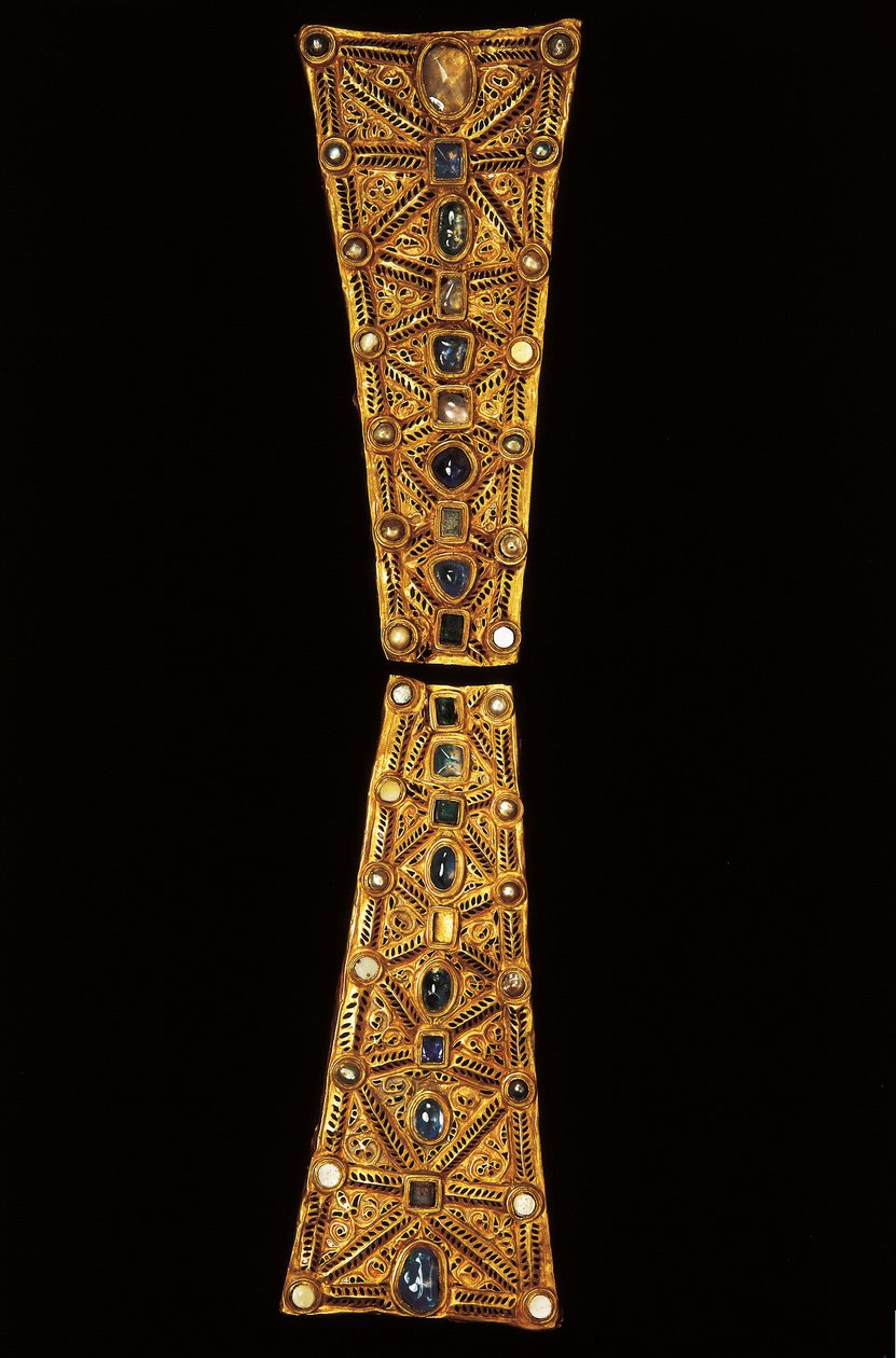 Hals eines Prozessionskreuzes aus Gold, Granat und Perlen aus dem Schatz von Guarrazar, 7. Jahrhundert von Visigothic