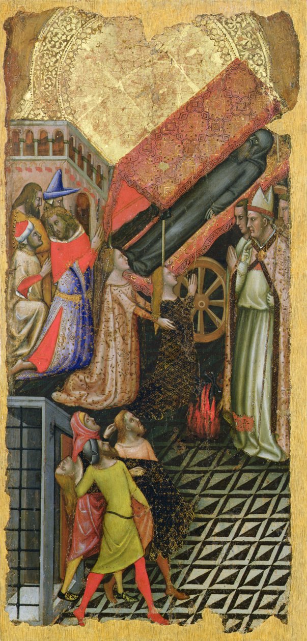 Heilung der Tochter von Kaiser Konstantin, Das Begräbnis des Heiligen Antonius (oben); Die Tochter von Kaiser Konstantin vom Teufel besessen (unten) von Vitale da Bologna