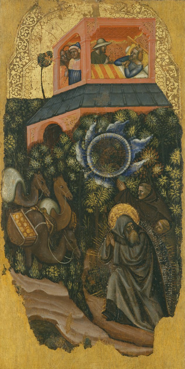 Die Geschichte des heiligen Antonius des Großen, Ein Bettler fordert den kranken König von Palästina auf, Essen zu St. Antonius zu schicken (oben); Ankunft von Kamelen mit Essen (unten) von Vitale da Bologna