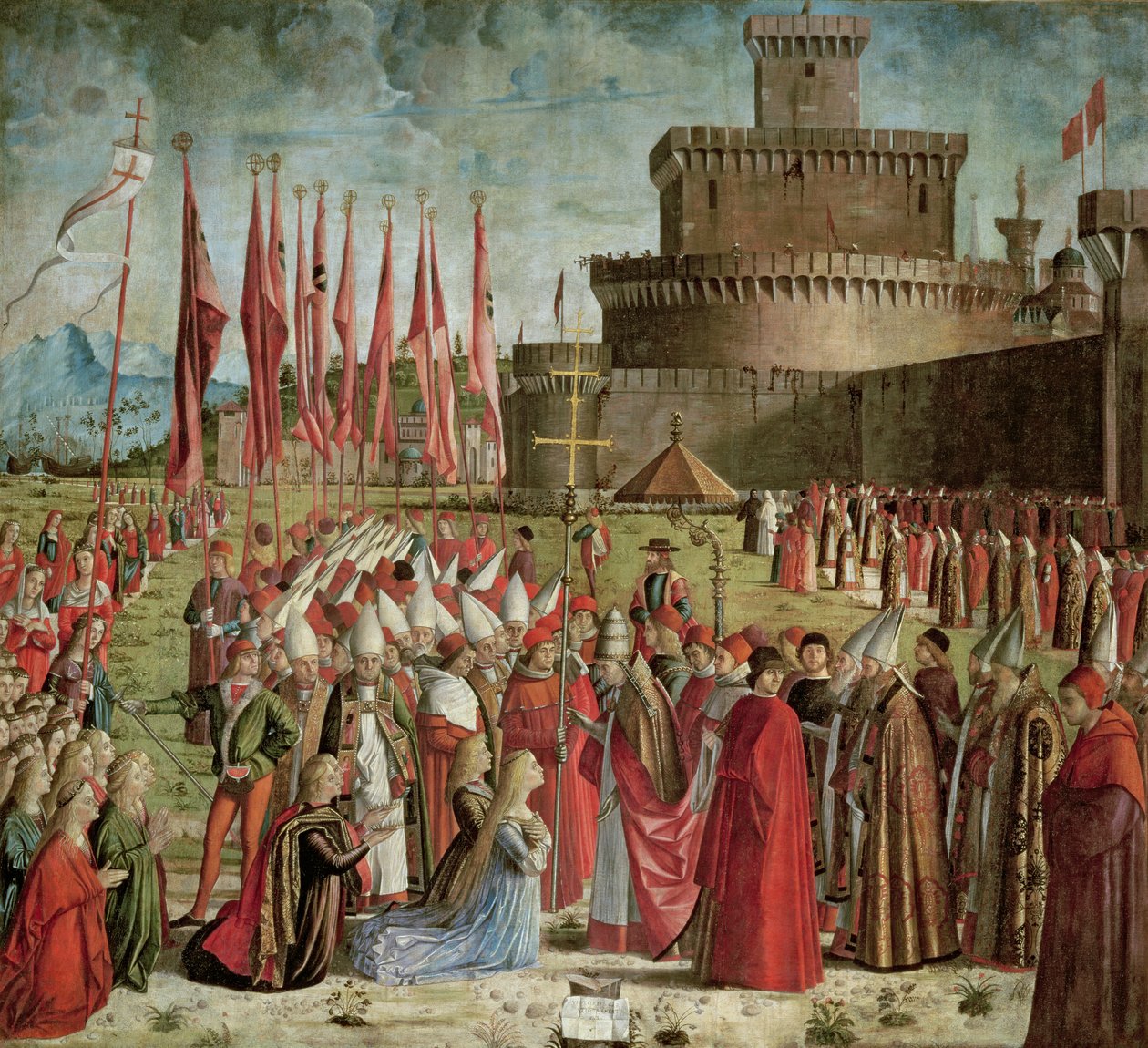 Die Pilger treffen Papst Cyriacus vor den Mauern Roms, aus dem St. Ursula-Zyklus, 1498 von Vittore Carpaccio