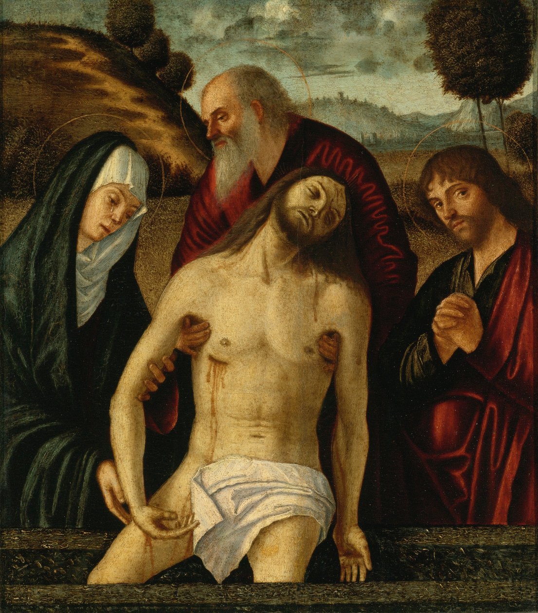 Die Klage, mit der Madonna und den Heiligen Joseph von Arimathäa und Johannes dem Evangelisten von Vittore Carpaccio