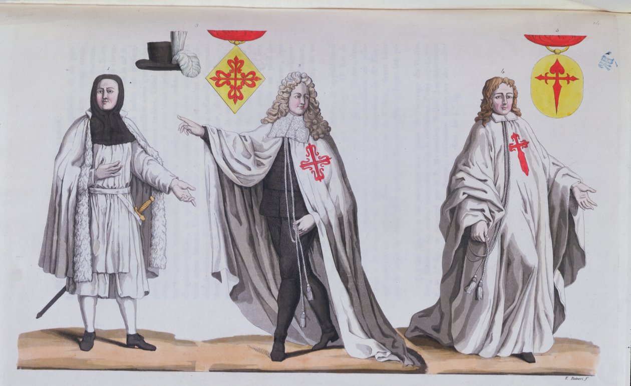 Ritter von Calatrava in Kriegskostüm, Zeremonialkostüm und als Ritter des Ordens von St. Jakob, Illustration aus 