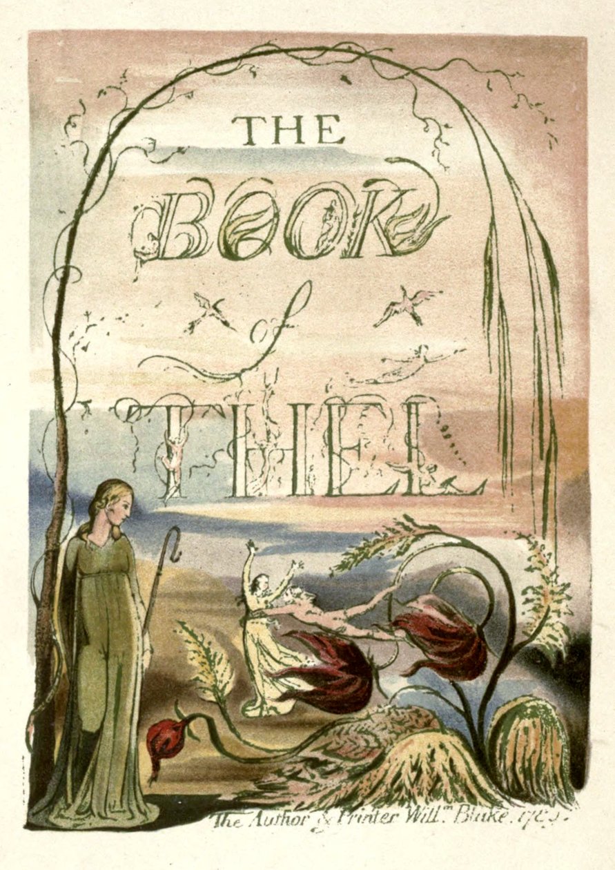Illustration aus der gegenüberliegenden Seite 33 von William Blake, Maler und Dichter von Richard Garnett. Der Titel lautet Das Buch Thel, Titelblatt. In Faksimile von W. Griggs. von W. Griggs after William Blake